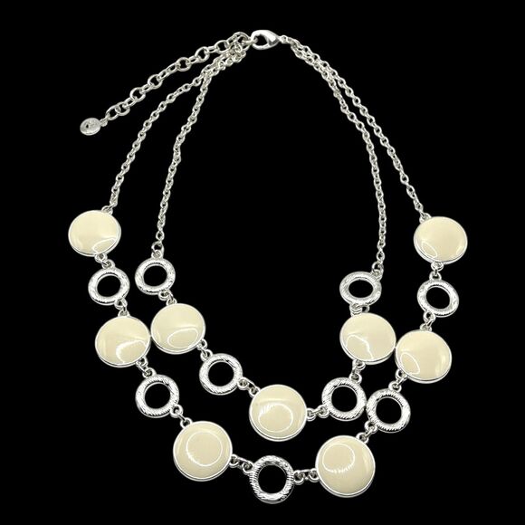 Gloria Vanderbilt Necklace Cream Enameled Circles Layered Silver Tone Statment - Picture 2 of 5